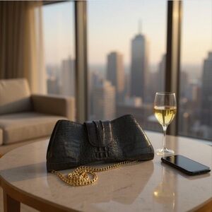 W.H. Petronela Genuine Navy Crocodile Skin Clutch with Gold Chain